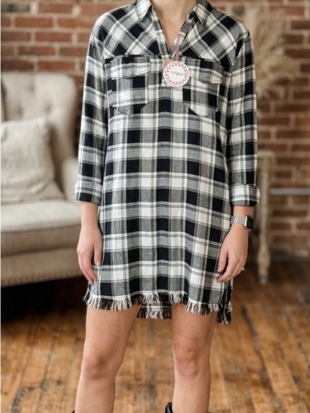 Umgee Plaid Fringe Frayed Tunic Dress Black White Size [M]